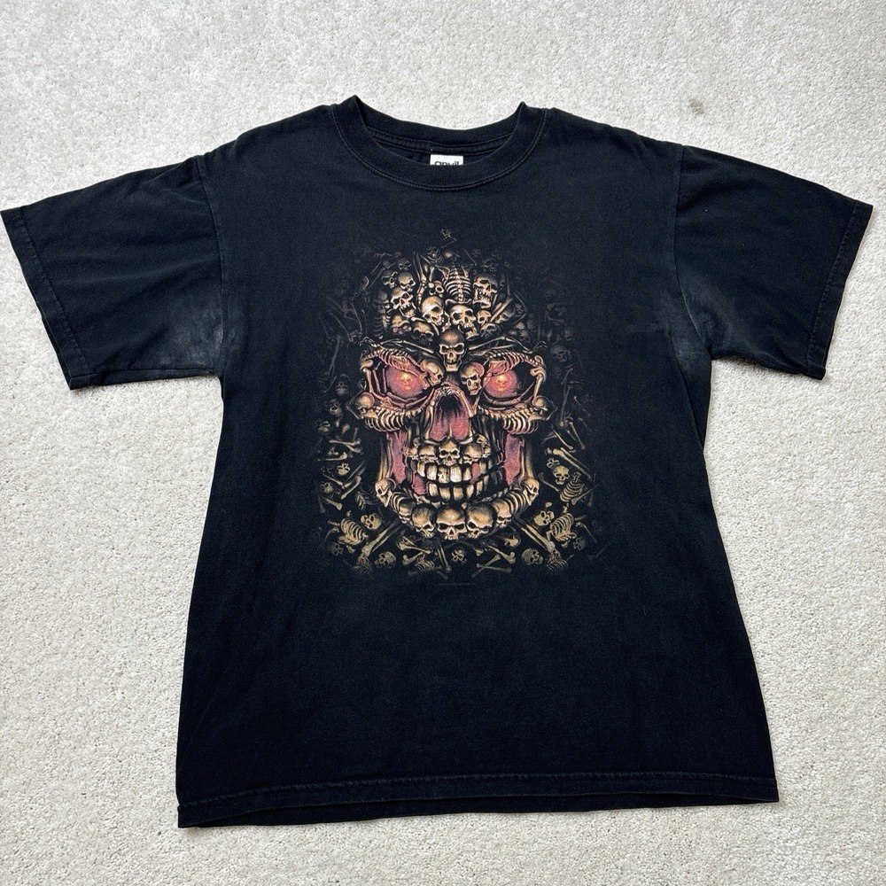 Vtg Y2K‎ Good Sports Inc Skull Bones Fire Medium Flame Short Sleeve Shirt ANVIL